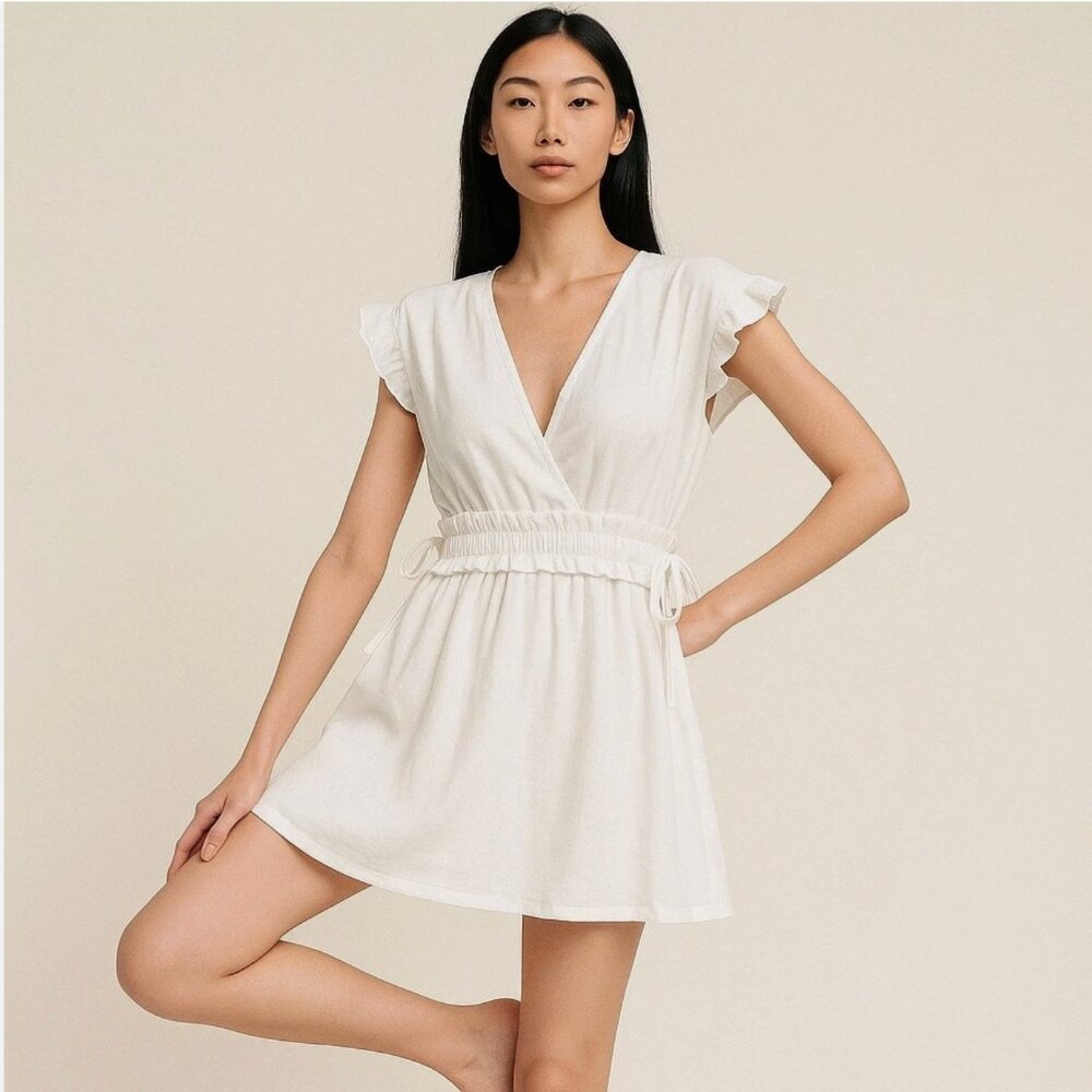 Zara White Ruffle Short Sleeve Mini Dress XS